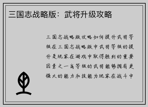 三国志战略版：武将升级攻略